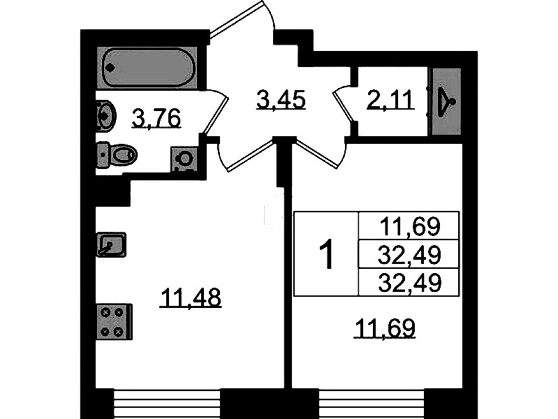 1-комнатная квартира 32.49 м², 1/11 эт., ЖК «VEREN NORT Сертолово»